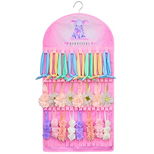 FIOBEE Baby Headband Holder Hair Bow Storage Wall Hanging Organizer Newborn Headbands Hanging Holder Girls Hairband Display for Wall Closet Kids Room, Pink Elephant