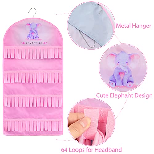 FIOBEE Baby Headband Holder Hair Bow Storage Wall Hanging Organizer Newborn Headbands Hanging Holder Girls Hairband Display for Wall Closet Kids Room, Pink Elephant