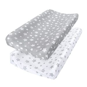 changing pad cover for boys girls 2 pack, lovely print soft unisex diaper change table sheets, fit 32"x16" contoured pad, comfy cozy 2-pack cradle sheets, grey & white