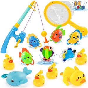 shindel bath toys for toddler, 14pcs fishing wind-up bath toys yellow duck toys bath time bathtub toys for toddlers baby kids infant girls boys bathroom for age of 18 months and up