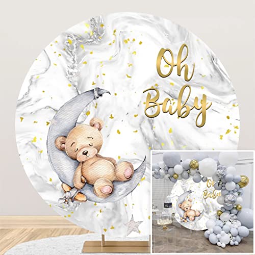 Canessioa 7.5x7.5ft Oh Baby Bear Round Backdrop Cover Gold Sequins Abstract Grey White Marble Texture Baby Shower Round Backdrop Polyester Gender Reveal Party Newborns Boy Baby Shower Round Backdrop