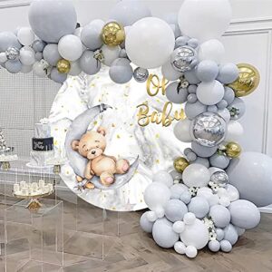 Canessioa 7.5x7.5ft Oh Baby Bear Round Backdrop Cover Gold Sequins Abstract Grey White Marble Texture Baby Shower Round Backdrop Polyester Gender Reveal Party Newborns Boy Baby Shower Round Backdrop