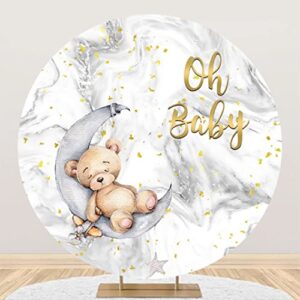 Canessioa 7.5x7.5ft Oh Baby Bear Round Backdrop Cover Gold Sequins Abstract Grey White Marble Texture Baby Shower Round Backdrop Polyester Gender Reveal Party Newborns Boy Baby Shower Round Backdrop