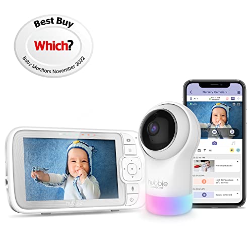 HUBBLE CONNECTED Nursery Pal Glow+ Smart Baby Monitor with 5" Parent Unit and Wi-Fi Viewing via Free App – 7-Color Night Light, Sleep Trainer, Remote Pan Tilt Zoom, 2-Way Talk, Infrared Night Vision