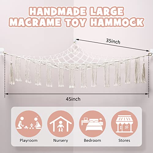 2 Pack Stuffed Animal Toy Hammock Net Macrame Boho Toy Hammock Hanging Stuff Animals Storage Organizer Large Stuffed Toys Corner Mesh Hammock with Hooks and Screw for Nursery Play Bedroom Kid Room