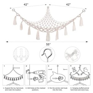 Stuffed Animal Hammock Macrame Boho Plush Toy Net Hammock For Stuffed Animals With Light Pet Net For Stuffed Animals Corner Hanging Stuffed Animal Storage Holder Teddy Bear Net For Kids Room (White)