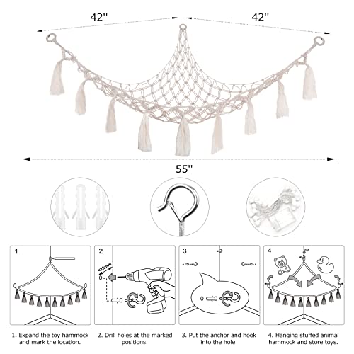 Stuffed Animal Hammock Macrame Boho Plush Toy Net Hammock For Stuffed Animals With Light Pet Net For Stuffed Animals Corner Hanging Stuffed Animal Storage Holder Teddy Bear Net For Kids Room (White)