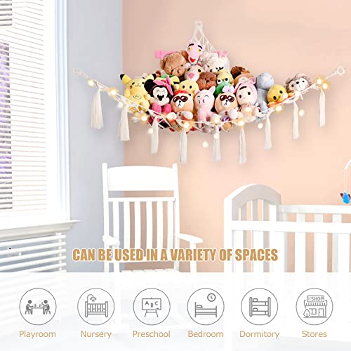 Stuffed Animal Hammock Macrame Boho Plush Toy Net Hammock For Stuffed Animals With Light Pet Net For Stuffed Animals Corner Hanging Stuffed Animal Storage Holder Teddy Bear Net For Kids Room (White)