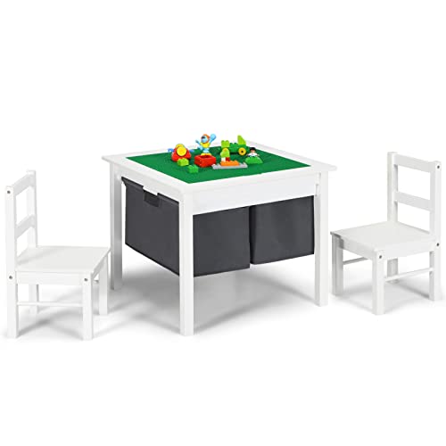 Costzon Kids Table and Chair Set, Children Wooden Activity Table w/Storage, Double-Sided Building Block Tabletop, Drawers, 2 Chairs for Preschool, Nursery, Kindergarten, Toddler Table & Chair (White)