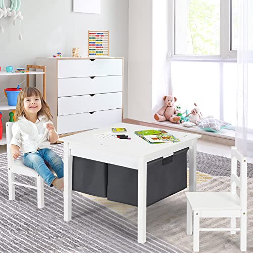 Costzon Kids Table and Chair Set, Children Wooden Activity Table w/Storage, Double-Sided Building Block Tabletop, Drawers, 2 Chairs for Preschool, Nursery, Kindergarten, Toddler Table & Chair (White)