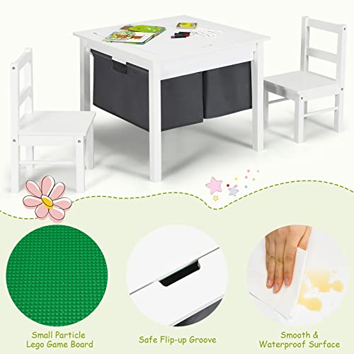 Costzon Kids Table and Chair Set, Children Wooden Activity Table w/Storage, Double-Sided Building Block Tabletop, Drawers, 2 Chairs for Preschool, Nursery, Kindergarten, Toddler Table & Chair (White)
