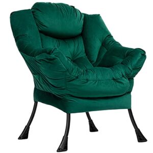 acozyhom modern cotton fabric lazy chair, accent contemporary lounge chair, single steel frame leisure sofa chair with armrests and a side pocket, thick padded back, velvet green