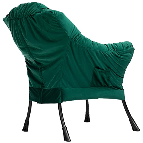 AcozyHom Modern Cotton Fabric Lazy Chair, Accent Contemporary Lounge Chair, Single Steel Frame Leisure Sofa Chair with Armrests and A Side Pocket, Thick Padded Back, Velvet Green