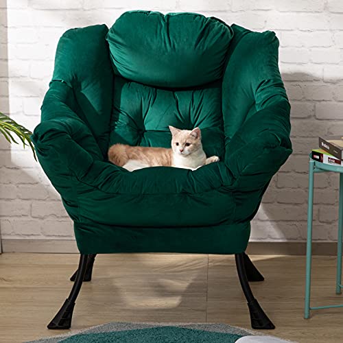 AcozyHom Modern Cotton Fabric Lazy Chair, Accent Contemporary Lounge Chair, Single Steel Frame Leisure Sofa Chair with Armrests and A Side Pocket, Thick Padded Back, Velvet Green