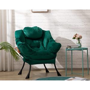 AcozyHom Modern Cotton Fabric Lazy Chair, Accent Contemporary Lounge Chair, Single Steel Frame Leisure Sofa Chair with Armrests and A Side Pocket, Thick Padded Back, Velvet Green