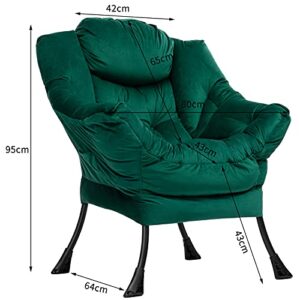 AcozyHom Modern Cotton Fabric Lazy Chair, Accent Contemporary Lounge Chair, Single Steel Frame Leisure Sofa Chair with Armrests and A Side Pocket, Thick Padded Back, Velvet Green