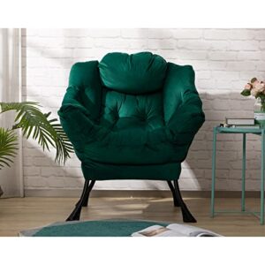 AcozyHom Modern Cotton Fabric Lazy Chair, Accent Contemporary Lounge Chair, Single Steel Frame Leisure Sofa Chair with Armrests and A Side Pocket, Thick Padded Back, Velvet Green