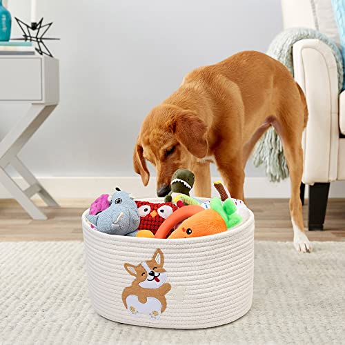 PrimePets Dog Toy Basket, Cotton Rope Storage Basket with Handles, 15x10x9 inch Dog Toy Bin, Puppy Bin, Small Laundry Basket for Kids, Gift for Dog Lovers