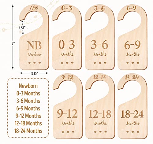 HOUÍSM Wooden Baby Closet Size Dividers 7Pack, Baby Clothes Organizers Home Nursery Decor, Thicken and Double Sided from Newborn to 24 Months, Hanging Closet Dividers for Newborn Baby Shower