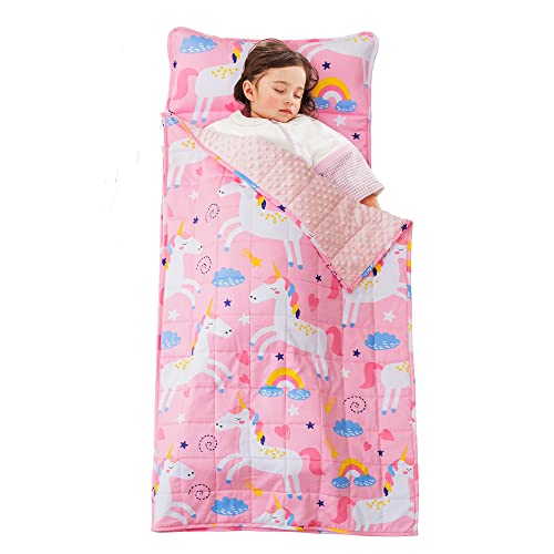 Sivio Toddler Nap Mat for Daycare, Sleeping Bag for Kids with Detachable Pillow, Weighted Blanket 3lbs for Kids Napping, Cotton Soft for Preschool Kindergarten, 50 x 20 Inches,Pink Unicorn