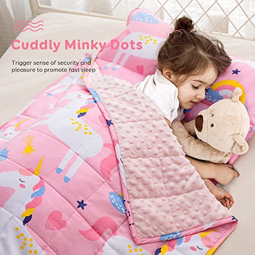 Sivio Toddler Nap Mat for Daycare, Sleeping Bag for Kids with Detachable Pillow, Weighted Blanket 3lbs for Kids Napping, Cotton Soft for Preschool Kindergarten, 50 x 20 Inches,Pink Unicorn