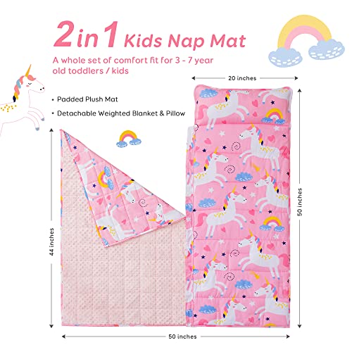 Sivio Toddler Nap Mat for Daycare, Sleeping Bag for Kids with Detachable Pillow, Weighted Blanket 3lbs for Kids Napping, Cotton Soft for Preschool Kindergarten, 50 x 20 Inches,Pink Unicorn