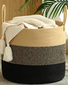 kakamay large blanket basket (18"x18"x16"),woven baby laundry hamper for storage, cotton rope blankets baskets for nursery, laundry, living room, pillows, baby toy chest with handles (black)