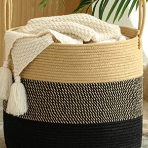 KAKAMAY Large Blanket Basket (18"x18"x16"),Woven Baby Laundry Hamper for Storage, Cotton Rope Blankets Baskets for Nursery, Laundry, Living Room, Pillows, Baby Toy Chest with Handles (Black)