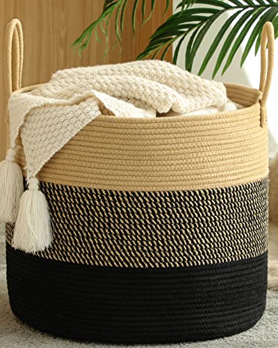 KAKAMAY Large Blanket Basket (18"x18"x16"),Woven Baby Laundry Hamper for Storage, Cotton Rope Blankets Baskets for Nursery, Laundry, Living Room, Pillows, Baby Toy Chest with Handles (Black)