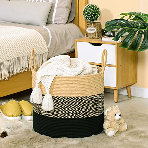 KAKAMAY Large Blanket Basket (18"x18"x16"),Woven Baby Laundry Hamper for Storage, Cotton Rope Blankets Baskets for Nursery, Laundry, Living Room, Pillows, Baby Toy Chest with Handles (Black)