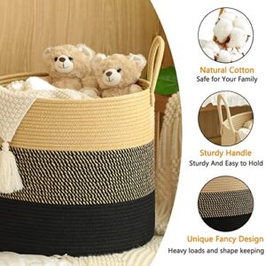 KAKAMAY Large Blanket Basket (18"x18"x16"),Woven Baby Laundry Hamper for Storage, Cotton Rope Blankets Baskets for Nursery, Laundry, Living Room, Pillows, Baby Toy Chest with Handles (Black)