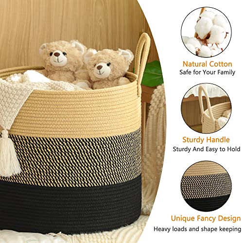 KAKAMAY Large Blanket Basket (18"x18"x16"),Woven Baby Laundry Hamper for Storage, Cotton Rope Blankets Baskets for Nursery, Laundry, Living Room, Pillows, Baby Toy Chest with Handles (Black)