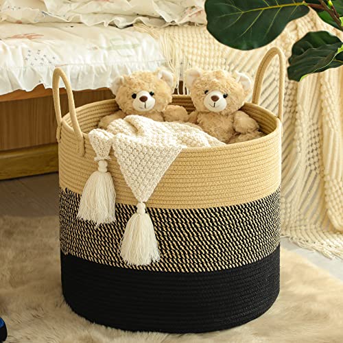 KAKAMAY Large Blanket Basket (18"x18"x16"),Woven Baby Laundry Hamper for Storage, Cotton Rope Blankets Baskets for Nursery, Laundry, Living Room, Pillows, Baby Toy Chest with Handles (Black)