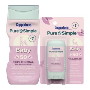 coppertone pure and simple baby sunscreen lotion spf 50, broad spectrum sunscreen for baby, 6 fl oz bottle and pure and simple baby sunscreen stick, 0.49 oz