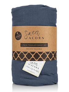 sweet acorn 3 piece toddler bedding sets - organic cotton jersey knit - fits convertible cribs and mattresses - 9" x 28" x 52" - bay blue