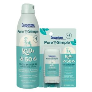 coppertone pure & simple kids sunscreen spf 50 multi pack, kids zinc oxide mineral sunscreen spray & kids sunscreen stick, sunscreen for face, (5 oz +.49 oz)