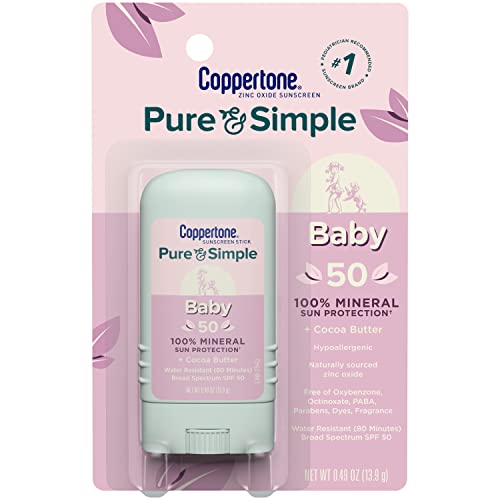 Coppertone WaterBabies Sunscreen Spray, SPF 50 Baby Sunscreen, Spray On Sunscreen, 6 Oz and Pure and Simple Sunscreen Stick, SPF 50, 0.49 Oz