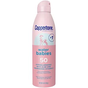 Coppertone WaterBabies Sunscreen Spray, SPF 50 Baby Sunscreen, Spray On Sunscreen, 6 Oz and Pure and Simple Sunscreen Stick, SPF 50, 0.49 Oz