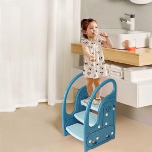 Kid Step Stool Plastic Toddler Step Stool for Kids Three Step Standing Tower for Kitchen/Bathroom/Toilet Potty Training, Learning Helper with Handles and Safety Non-Slip Pads (Deep Blue Light Blue)