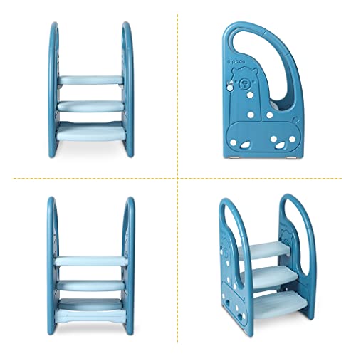 Kid Step Stool Plastic Toddler Step Stool for Kids Three Step Standing Tower for Kitchen/Bathroom/Toilet Potty Training, Learning Helper with Handles and Safety Non-Slip Pads (Deep Blue Light Blue)