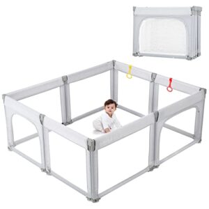 adjustable baby playpen 71''x59'' play pens for babies and toddlers foldable baby playards with gate large baby fence play area, light grey