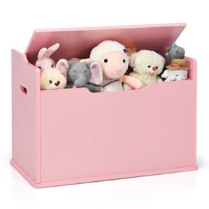costzon kids wooden toy chest, wide toy box storage chest with bench seat, toy storage trunk case with finger-pinch prevention, lift-top foot rest seat for toddler bedroom playroom entry (pink)