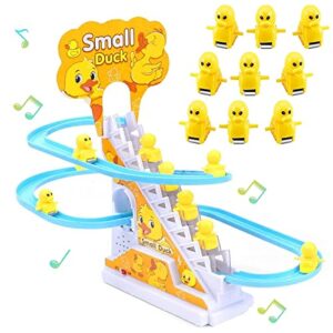 small ducks climbing toys, electric ducks chasing race track game set, playful roller coaster toy with 9 duck led flashing lights & music button, fun duck stair climbing toy for toddlers and kids (a)