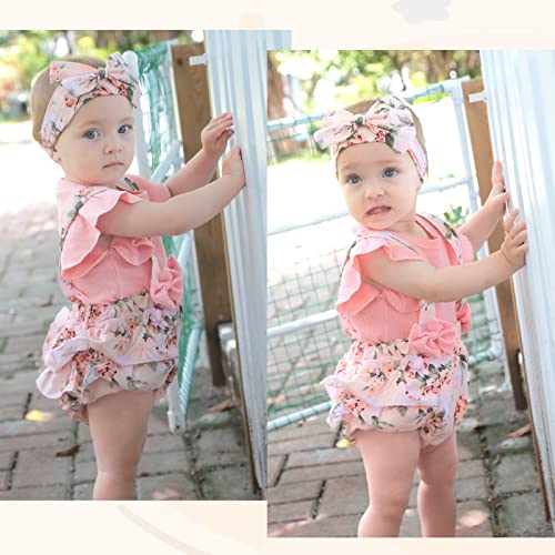 MBMSHEGH Newborn Baby Girl Clothes Summer Infant Romper Outfit Short Sleeve Suspender Ribbed Shorts Onesie with Headband 0-3 Months