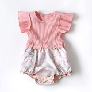 MBMSHEGH Newborn Baby Girl Clothes Summer Infant Romper Outfit Short Sleeve Suspender Ribbed Shorts Onesie with Headband 0-3 Months