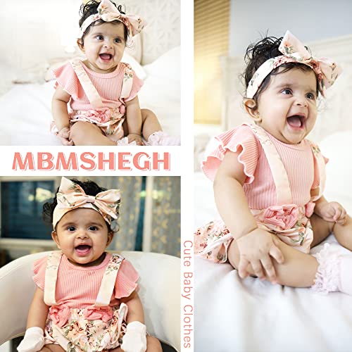 MBMSHEGH Newborn Baby Girl Clothes Summer Infant Romper Outfit Short Sleeve Suspender Ribbed Shorts Onesie with Headband 0-3 Months