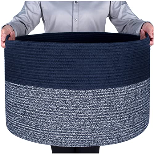 MINTWOOD Design Extra Large 22 x 14 Inches Blanket Storage Basket, Laundry Basket, Decorative Woven Cotton Rope Baskets for Blanket Storage Living Room, Toy Storage Basket Bin, Navy Blue