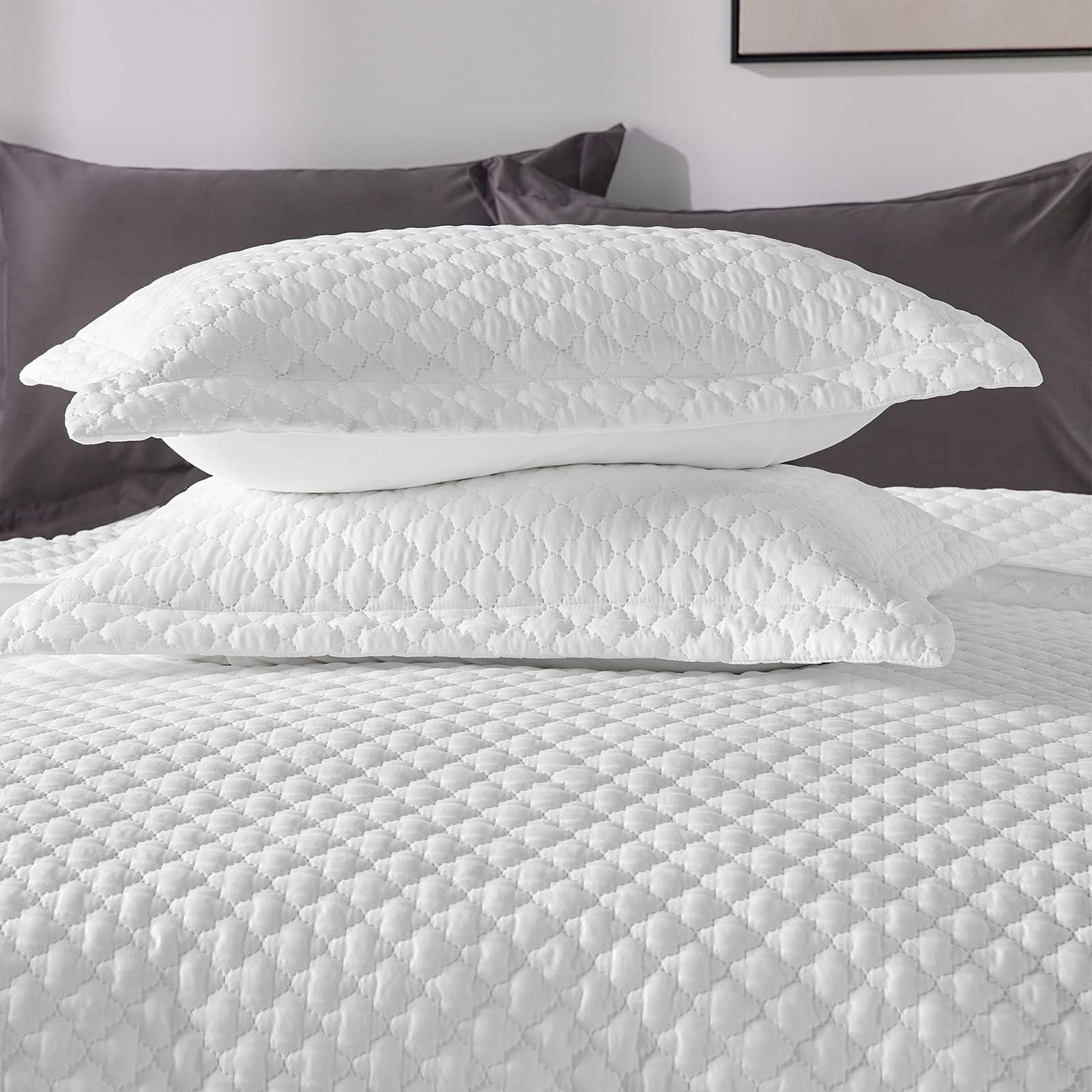 CozyLux Summer Quilt Sets Queen/Full Size White 3 Pieces - Lightweight Soft Bedspread - Lantern Ogee Pattern Coverlet Bedding Set for All Season - 1 Quilt and 2 Pillow Shams - White, 90"x96"