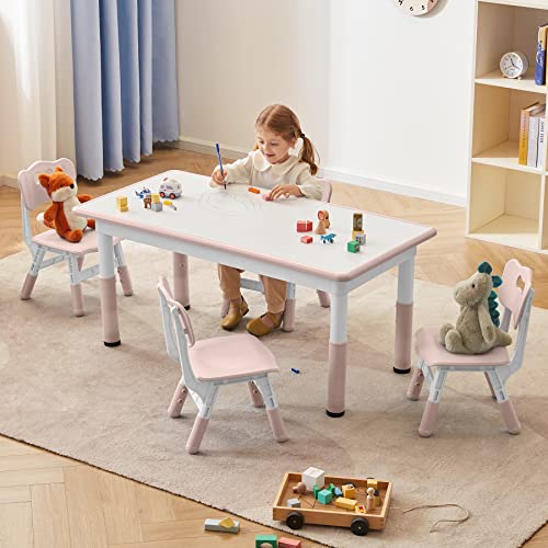 DOREROOM Toddler Table and Chairs Set for 4, 49''L x 25''W Kids Study Table and Chair Set, Height-Adjustable, Graffiti Desktop, Children Activity Table for Daycare, Classroom, Home, Pink