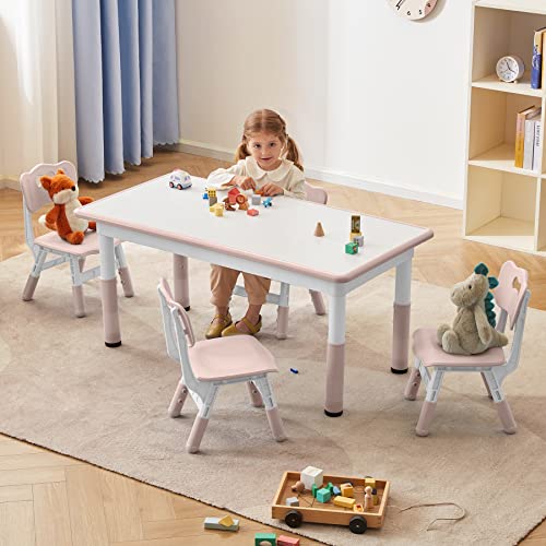 DOREROOM Toddler Table and Chairs Set for 4, 49''L x 25''W Kids Study Table and Chair Set, Height-Adjustable, Graffiti Desktop, Children Activity Table for Daycare, Classroom, Home, Pink